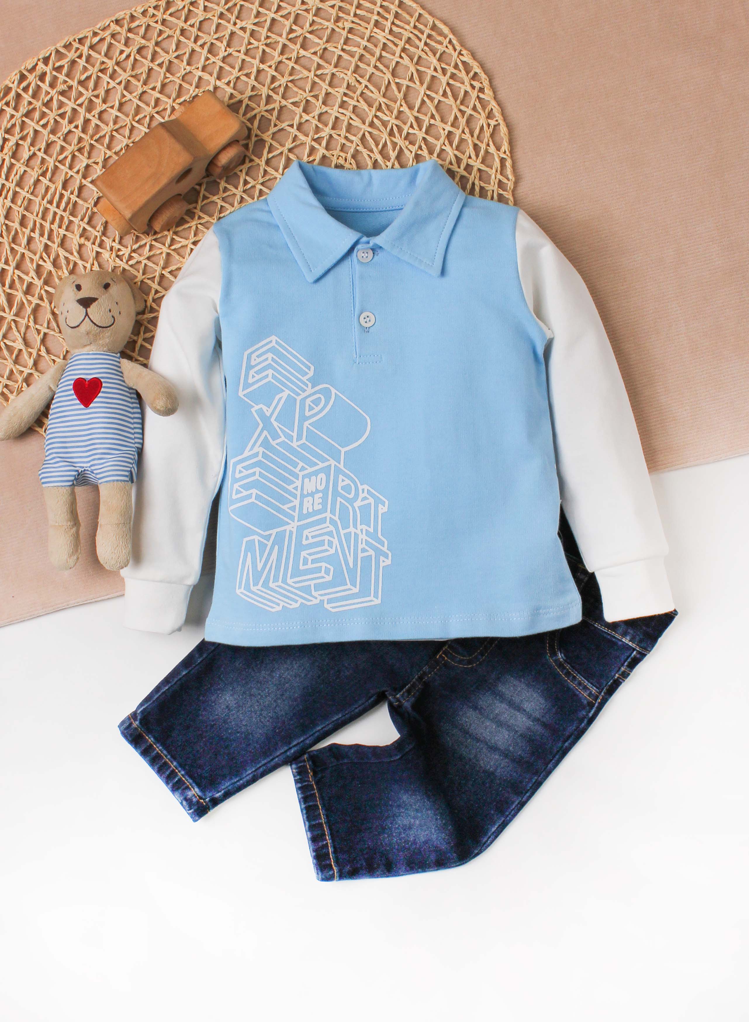 Erkek Bebek Polo Yaka Uzun Kollu Sweatshirt ve Kot Pantolon 2’li Takım 9 24 Ay